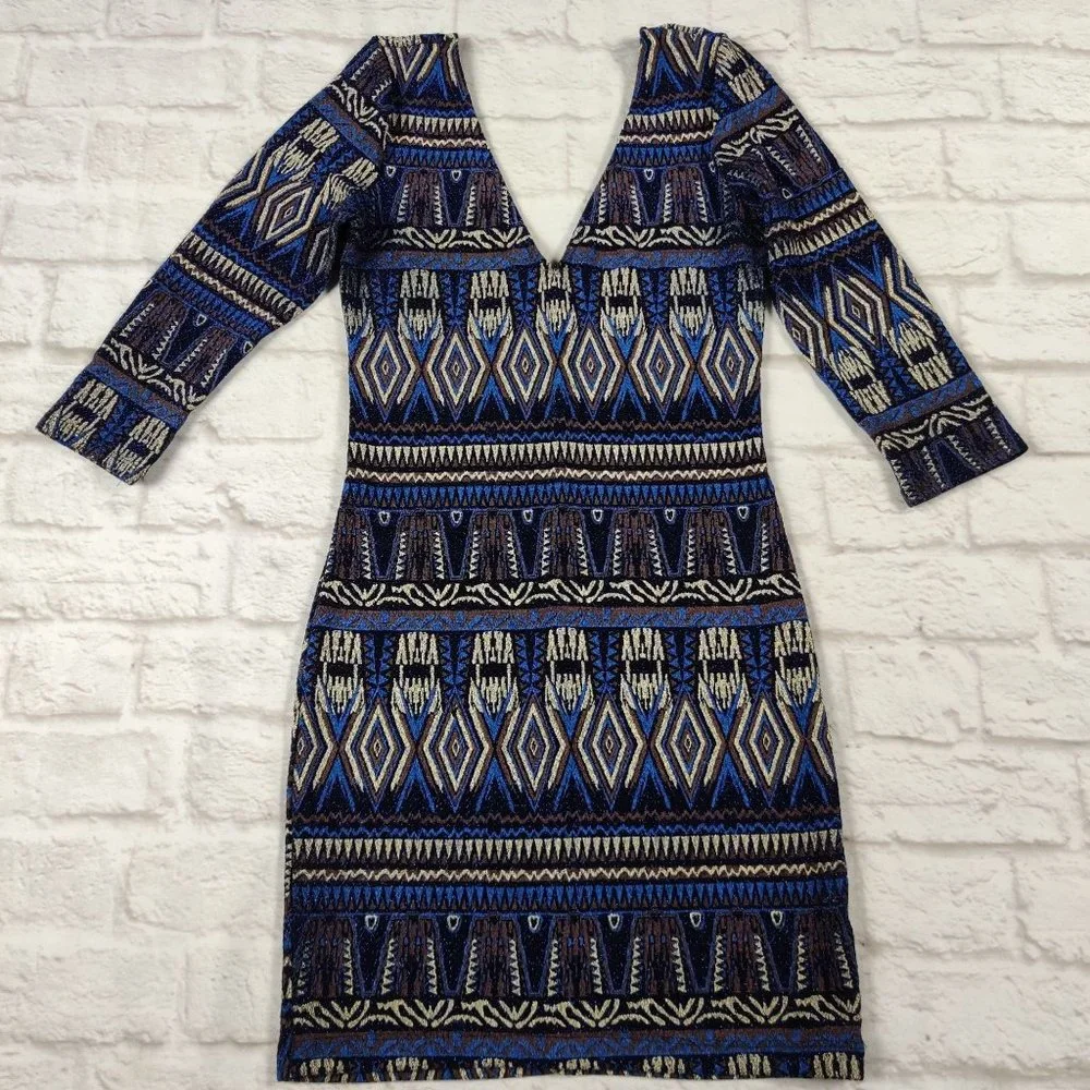 Millibon womens v neck bodycon mini cocktail dress sparkle y2k tribal blue sz M - Picture 1 of 6